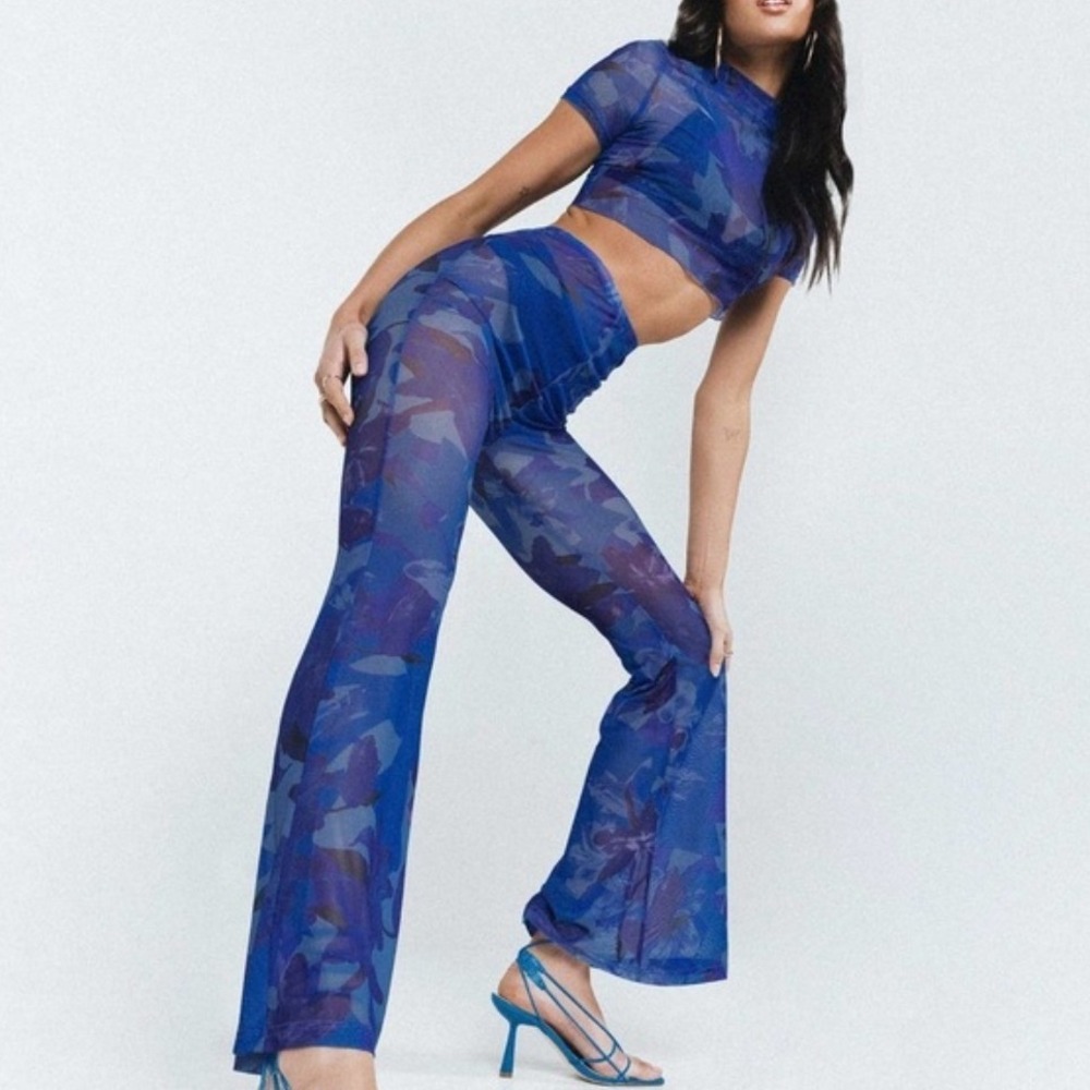 Princess Polly Mesh Set Womens 0 Blue Floral Crop Top‎ Flare Pants 2 Piece